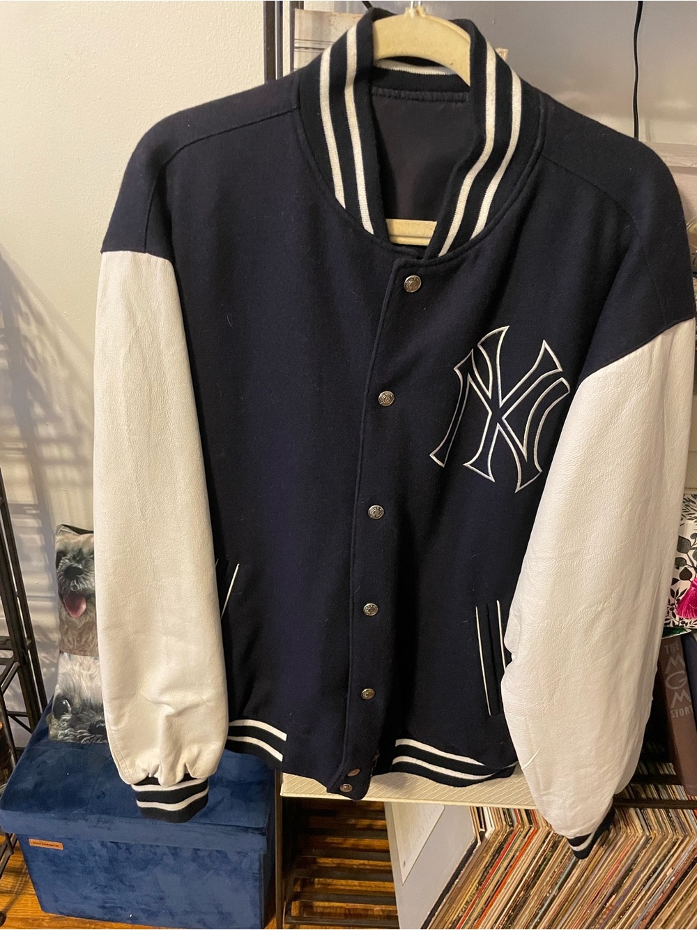 NY Yankees Navy and White Varsity Bomber Jacket with NY Logo